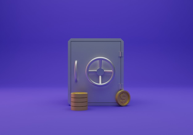 Dinero seguro y moneda aislada, renderizado 3d