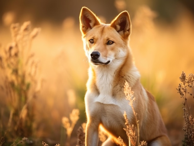 Foto dingo ao pôr-do-sol na savana australiana