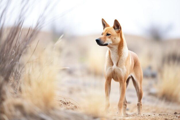 Dingo en posición de alerta en el matorral