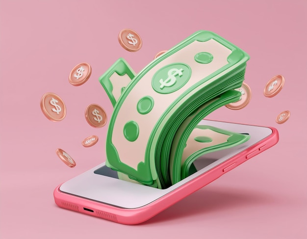 Dinheiro 3D está transbordando de uma ilustração 3D de um telefone móvel