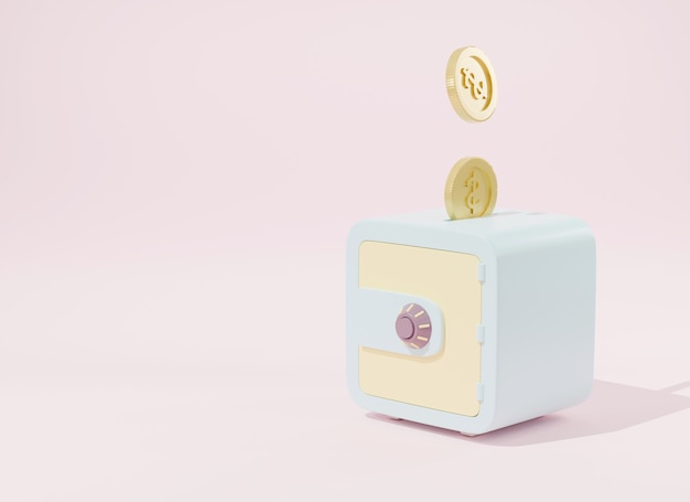Dinheiro de moedas sendo colocado em um cofre isométrico em fundo rosa, conceito de proteção e economia de segurança financeira, banco de segurança digital de negócios on-line, ilustração de renderização 3D