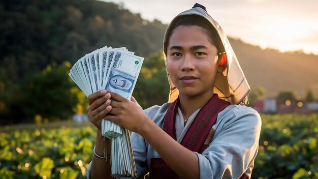 Foto dinheiro de notas da tailândia detido por um jovem fazendeiro asiático