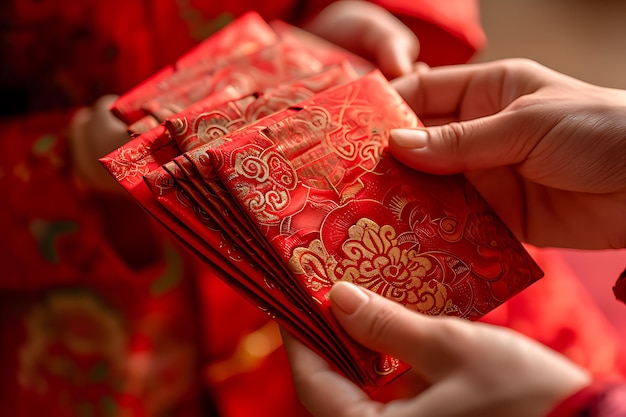 Dinheiro em envelopes vermelhos para ser distribuído para boa sorte durante o Ano Novo Chinês
