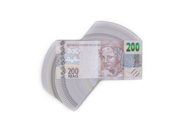 Dinheiro oficial do Brasil Real Moeda Dinheiro Reais duzentos reais notas de banco em closeup