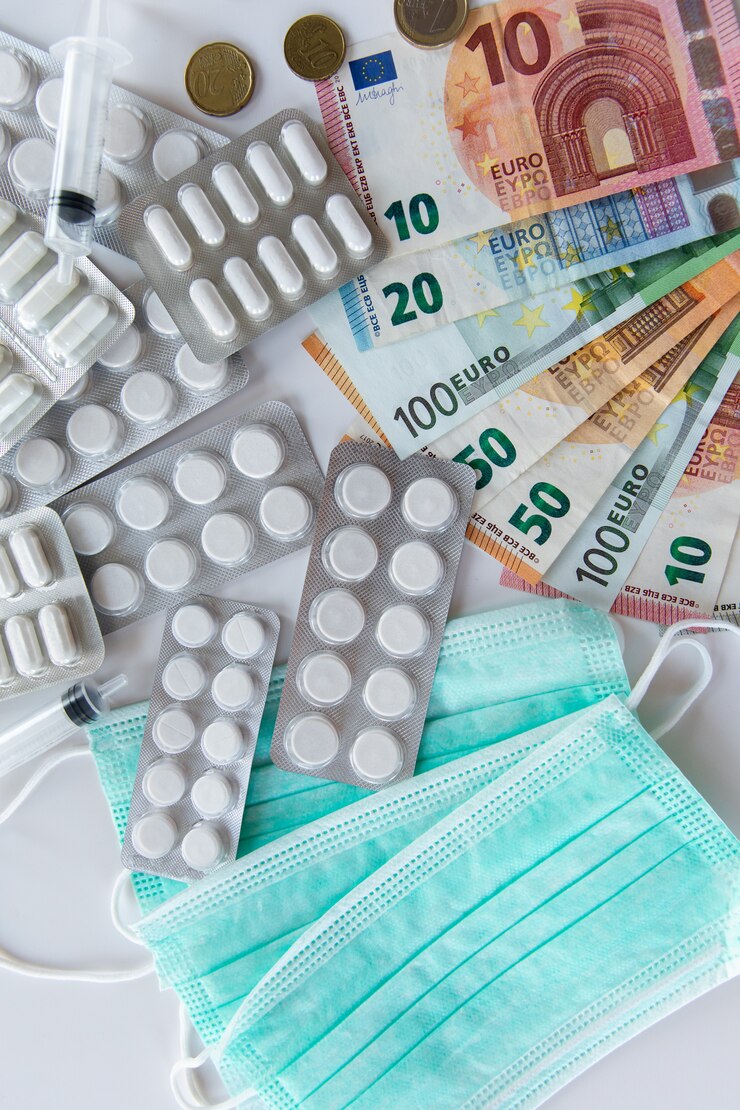 Dinheiro, pílulas e máscaras respiratórias