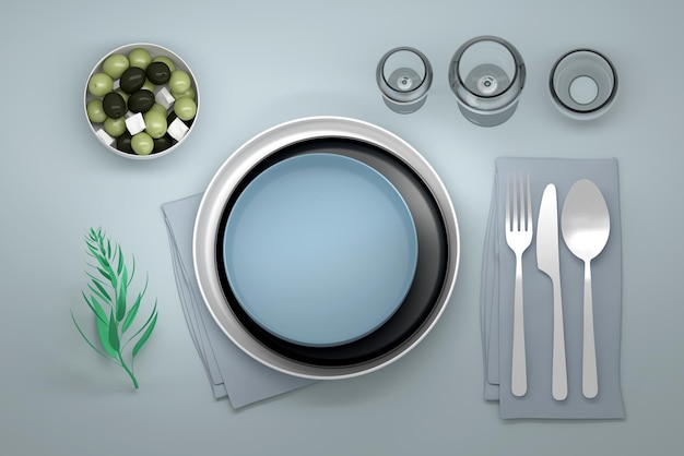 Dinner-Küchentisch mit Tellern, Gläsern, Messern, Löffeln, Folk mit dekorativen Elementen