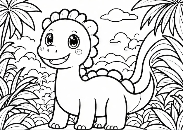 Foto dino discovery cute kawaii dinosaur página para colorear en el entorno de la selva generado por ai