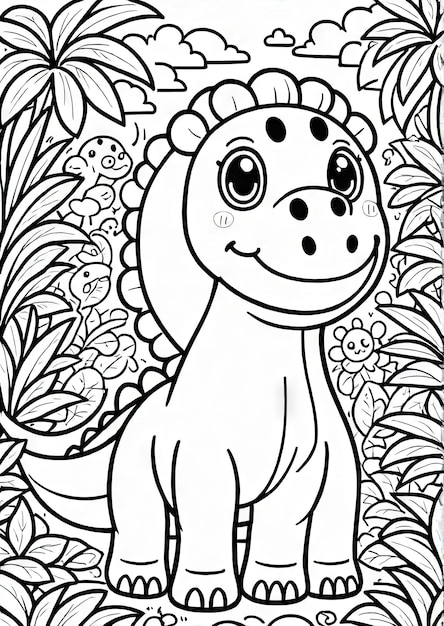 Foto dino discovery cute kawaii dinossauro coloração página em jungle setting gerado por ai