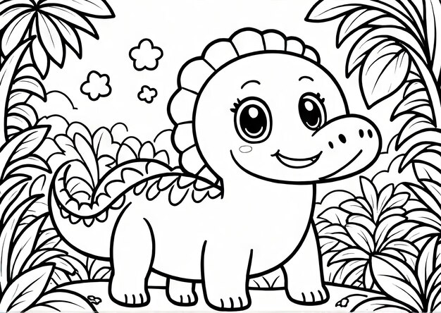 Foto dino discovery cute kawaii dinossauro coloração página em jungle setting gerado por ai