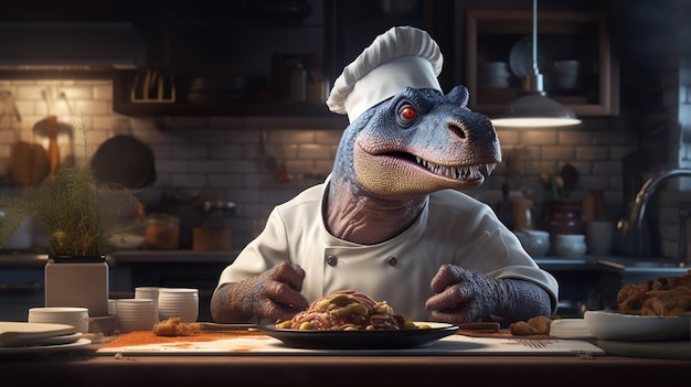 Un dino con un sombrero de chef cocinando en una mesa