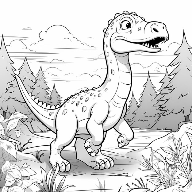 Dino Wonderland Kids Página para colorear con árboles, lagos, nubes y detalles mínimos