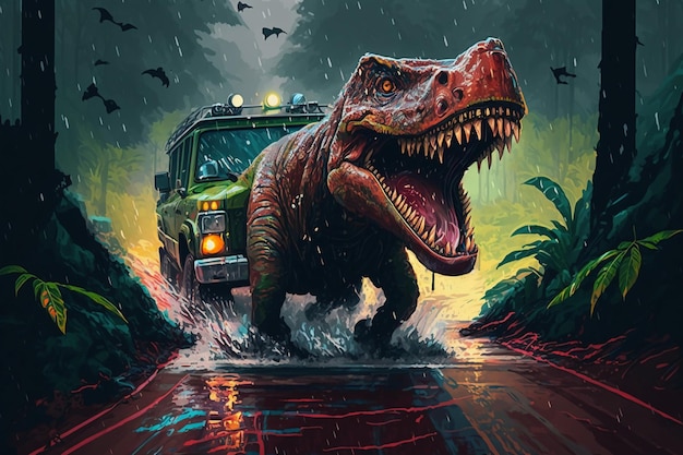 Dinosaur T Rex persigue un coche Jeep por una carretera