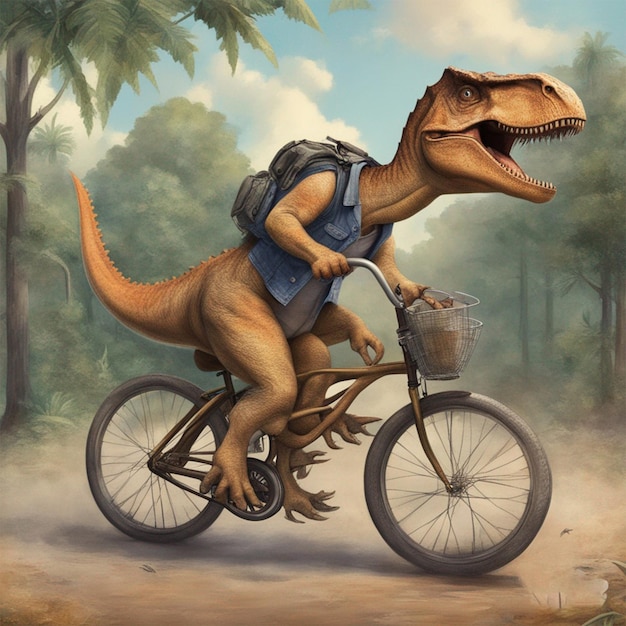 Dinosaurier auf Fahrrad-Fantasie-Foto, ai-generierte Kunst