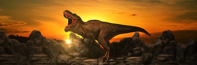 Dinosaurier auf Felsenberg bei Sonnenuntergang 3D-Rendering