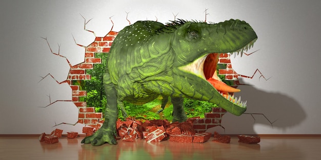 Dinosaurier kriechen aus einem Fehler in der Wand, 3d Illustration