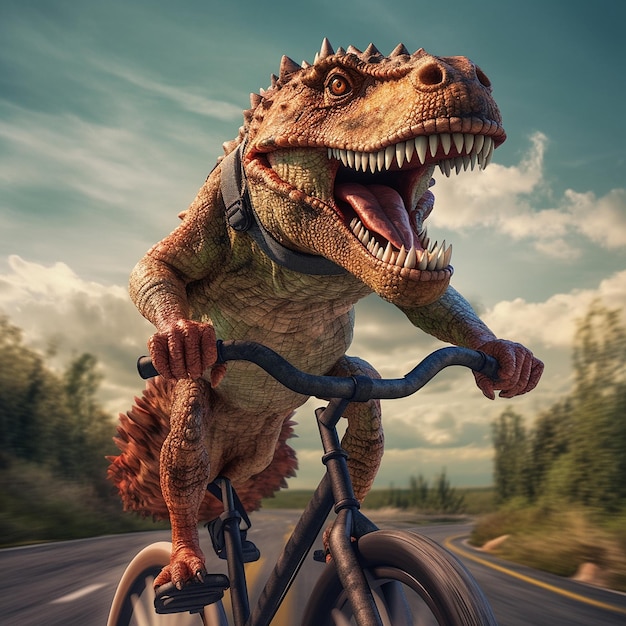 Dinosaurio andando en bicicleta al estilo de la carretera IA generativa