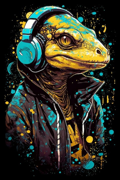 Un dinosaurio con auriculares en la cabeza.