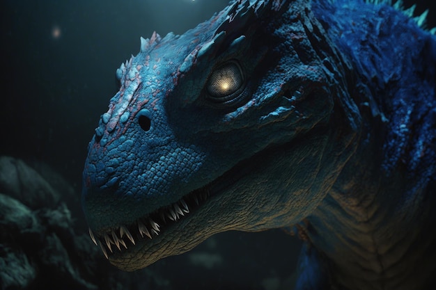 Un dinosaurio azul con un fondo azul y un ojo verde.
