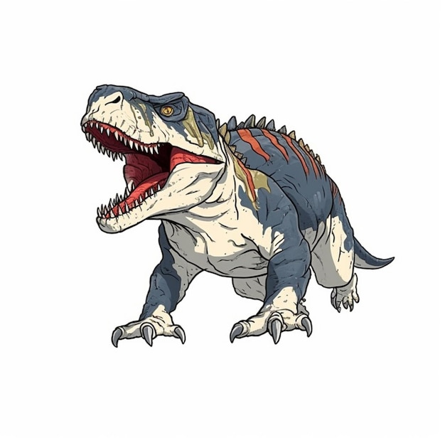 Un dinosaurio azul con fondo blanco y un dinosaurio blanco y negro con una gran boca abierta.