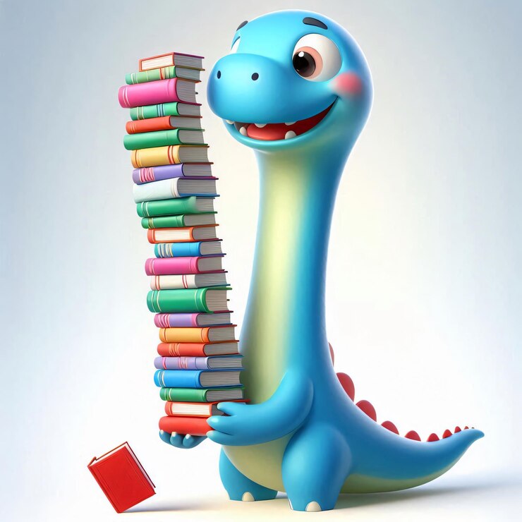 un dinosaurio azul con una gran pila de libros que dice el dinosaurio azul