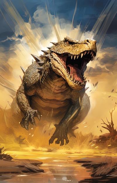 un dinosaurio con una boca llena de dientes y un fondo de cielo