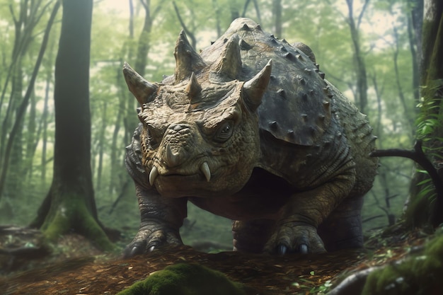 Un dinosaurio en el bosque con el nombre triceratops.