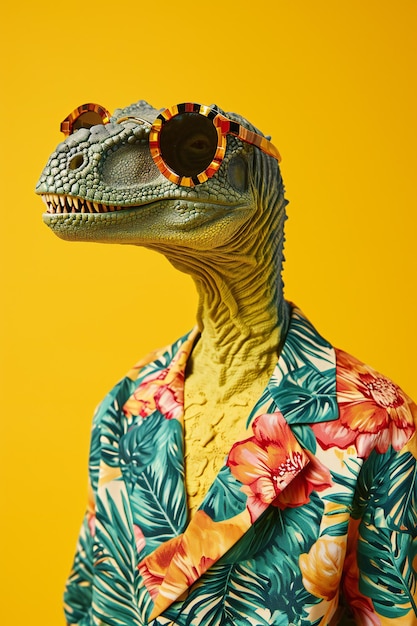 Dinosaurio caprichoso en traje de invierno contra el amarillo