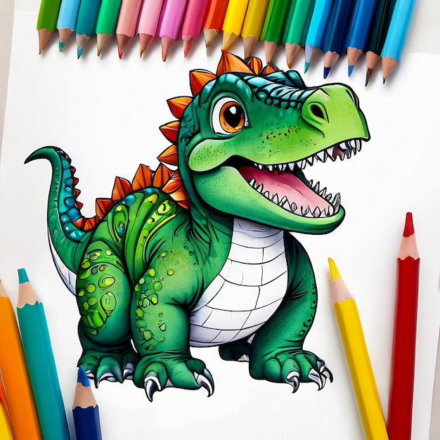 Foto dinosaurio de colores con lápiz de colores ilustración de dinosaurios para niños