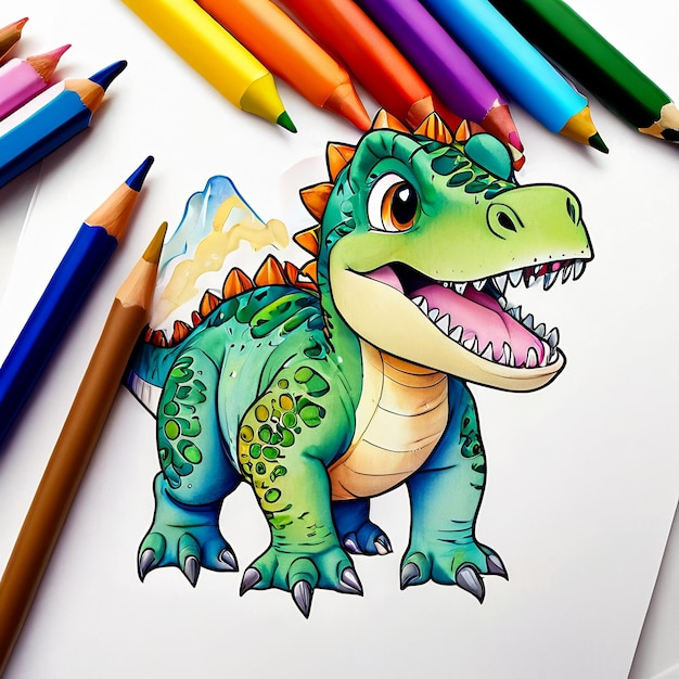 Foto dinosaurio de colores con lápiz de colores ilustración de dinosaurios para niños