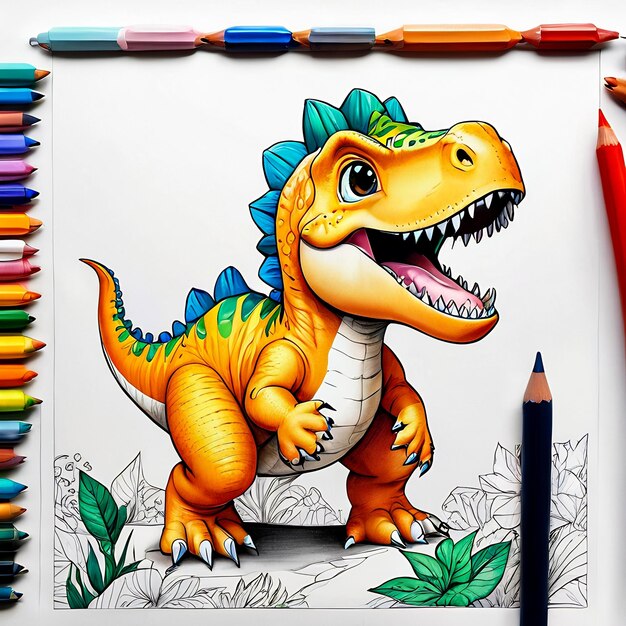 Foto dinosaurio de colores con lápiz de colores ilustración de dinosaurios para niños