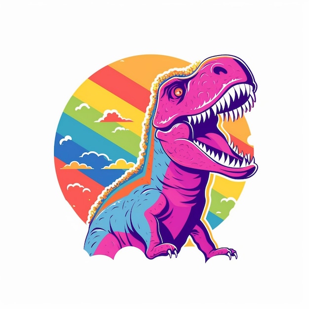 un dinosaurio colorido con un fondo de arco iris y un arco iris de fondo.