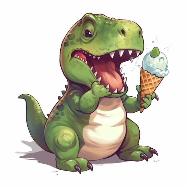 Un dinosaurio comiendo un cono de helado con la lengua afuera.