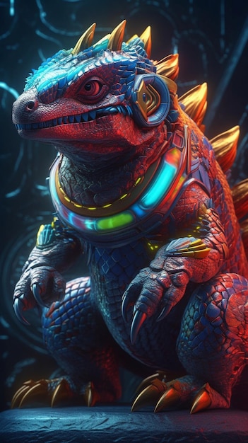 Un dinosaurio con cuello azul y un dragón rojo en el pecho se sienta en un espacio oscuro.