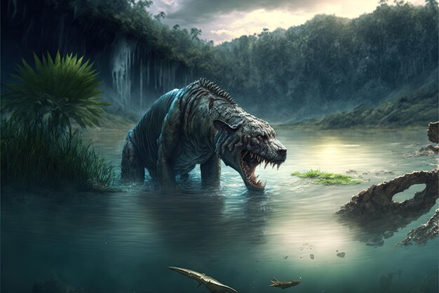 Foto un dinosaurio con un cuello largo está caminando en el agua