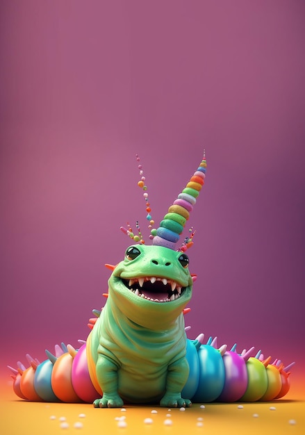 Un dinosaurio con un cuerno de arco iris y un cuerno de arco iris en la cabeza.