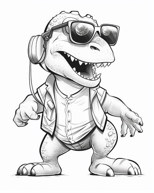 un dinosaurio de dibujos animados con auriculares y gafas de sol está bailando