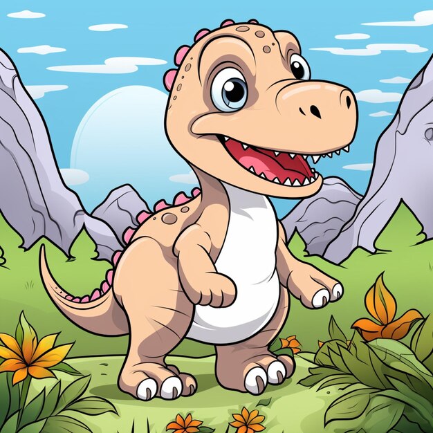 dinosaurio de dibujos animados en un campo con flores y rocas generativo ai