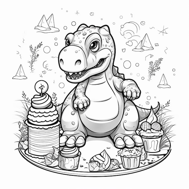 Un dinosaurio de dibujos animados con cupcakes y cupcakes.