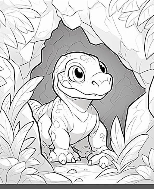 Un dinosaurio de dibujos animados está parado en una cueva.