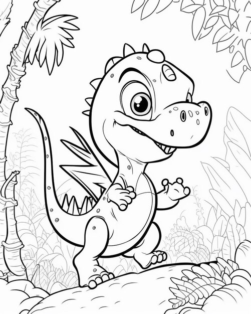 un dinosaurio de dibujos animados está de pie en la jungla con un árbol generativo ai