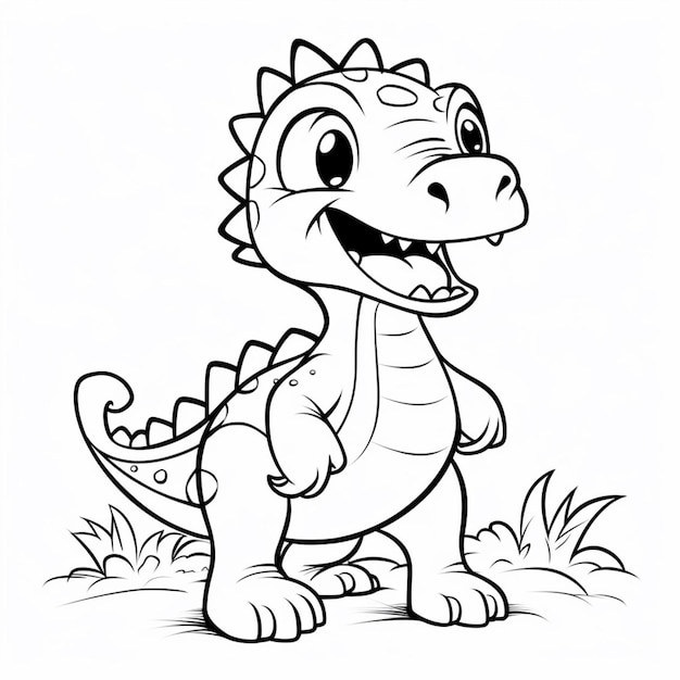 Un dinosaurio de dibujos animados con una gran sonrisa de pie en la hierba generativa ai