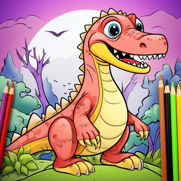 dinosaurio de dibujos animados con lápices y una luna llena en el fondo