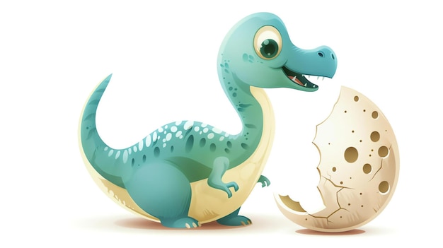 Dinosaurio de dibujos animados lindo El dinosaurio es verde y tiene grandes ojos Está sonriendo y parece feliz Está de pie junto a un huevo roto
