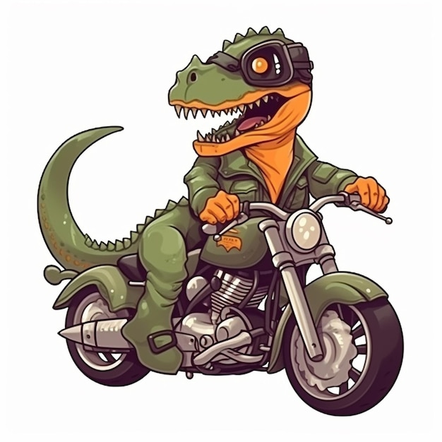 Dinosaurio de dibujos animados montando una motocicleta con casco y gafas generativas ai