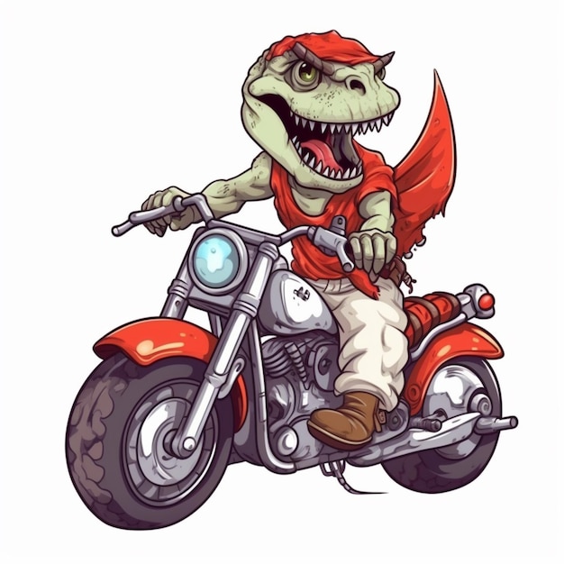 Dinosaurio de dibujos animados montando una motocicleta con un sombrero rojo y una chaqueta roja generativa ai