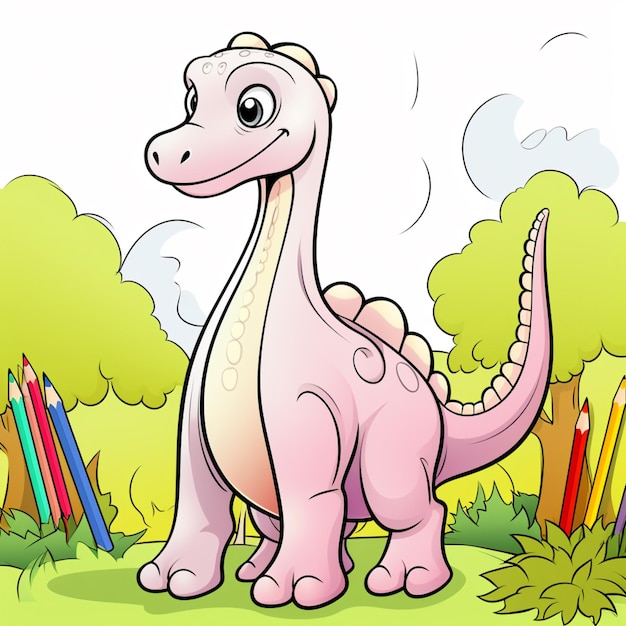 dinosaurio de dibujos animados de pie en la hierba con lápices de colores generativo ai