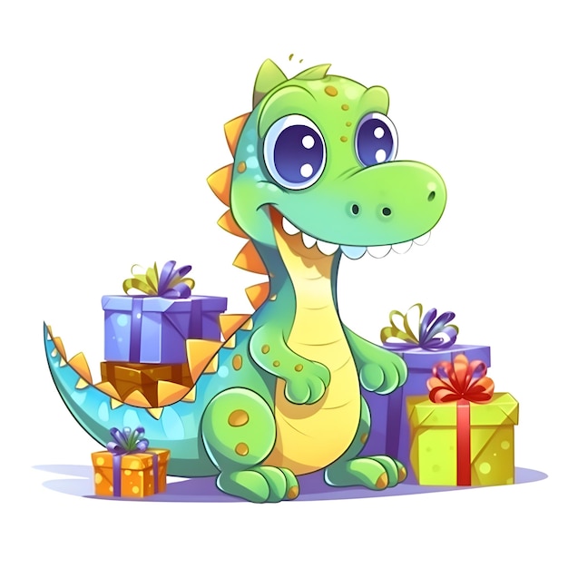 Dinosaurio de dibujos animados con regalos Ilustración vectorial aislada sobre fondo blanco