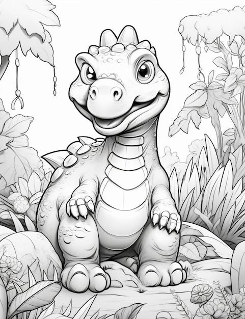 Un dinosaurio de dibujos animados sentado en una roca en la jungla