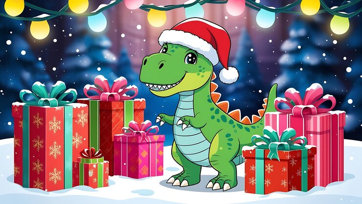 un dinosaurio de dibujos animados con un sombrero en la cabeza está sosteniendo un regalo