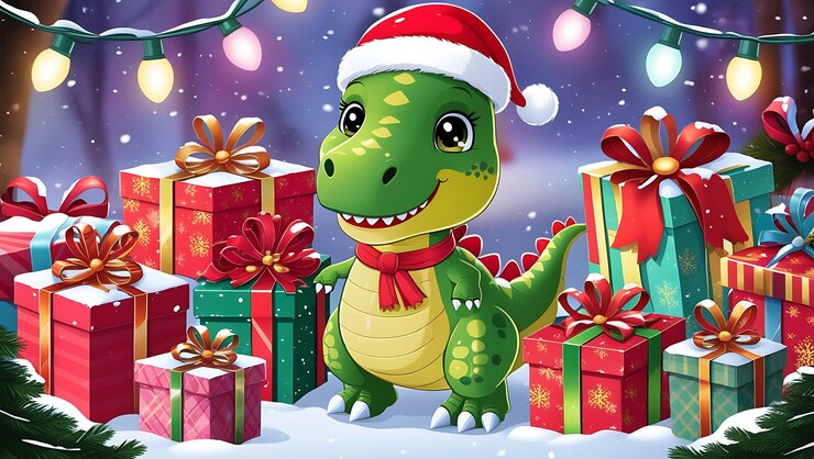 un dinosaurio de dibujos animados con un sombrero y regalos en una tarjeta de Navidad